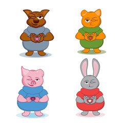 set of characters for valentine's day with a heart in its paws, the character of a cat, dog, pig, hare shows a heart for an advertising banner, poster, postcard