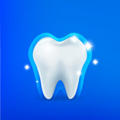 Realistic Tooth 3D, illustration for dehealthntistry. Oral care, caries protection. Shiny vector tooth on a blue background. Medicine, dentistry,