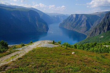 Amazing scenery of viewpoint on Priest Røyrgrind mountain. There is amazing view of Aurlandsfjord, one of most beautiful fjords in Norway.
