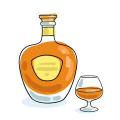 Cognac bottle and glass. Picture in line style. Black contour with colored spots. Isolated on white background.  Vector flat illustration.