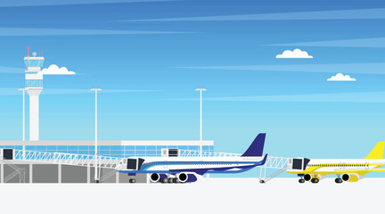 airport airfield terminal building with airplane aircraft parking at departure gate and aero path way bridge connected to airport terminal hall in minimal design