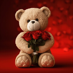 valentine's day teddy bear with roses. Generative AI