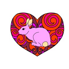 heart with a mouse. pink hare on the background of a red heart