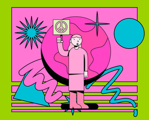 Conceptual vector illustration of a female pro-peace supporter in a simple flat style and neon color palette. 