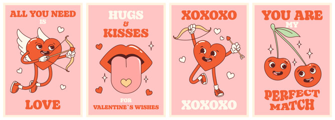 Fototapeta Groovy lovely hearts retro posters set. Love concept. Happy Valentines Day.  Trendy retro 60s 70s cartoon style. Card, postcard, print. obraz