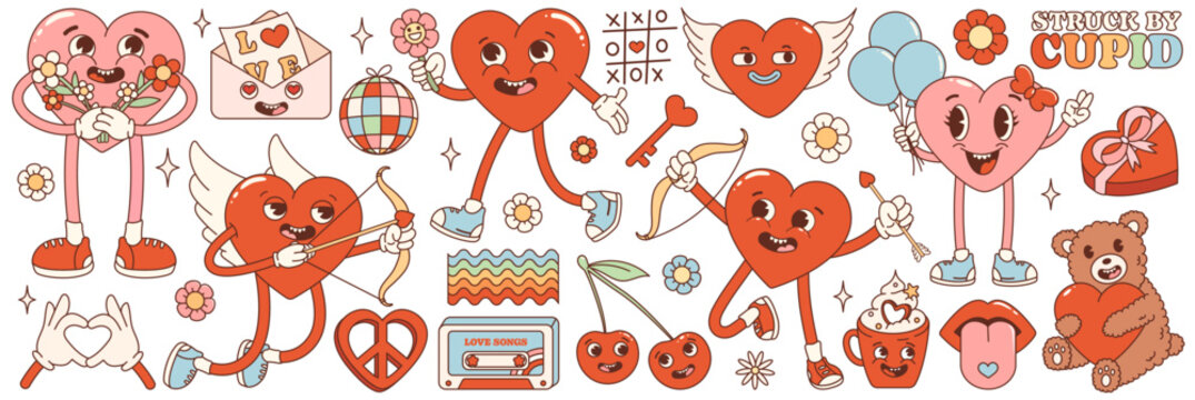 Groovy hippie love sticker set. Retro happy Valentines day. Comic happy heart character in trendy retro 60s 70s cartoon style. Retro characters and elements.	