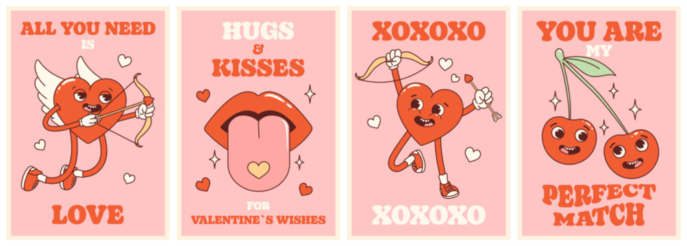 Groovy lovely hearts retro posters set. Love concept. Happy Valentines Day.  Trendy retro 60s 70s cartoon style. Card, postcard, print.