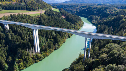 Aerial view of the Jauntal road bridge over the river Drau in Carinthia