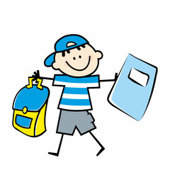 Smiling Boy with blue cap and school bag and workbook, vector color illustration on white background.