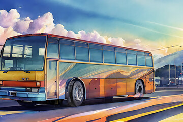 Autobús amarillo con pintura decorativa sobre la carretera, ilustración en acuarela de viaje colorido - Al Generative Art 