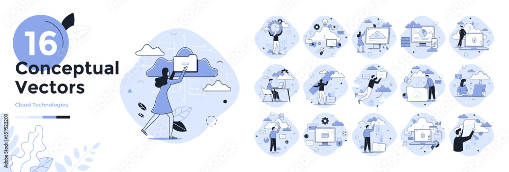 Poster set of 16 thin line vector technology concepts
