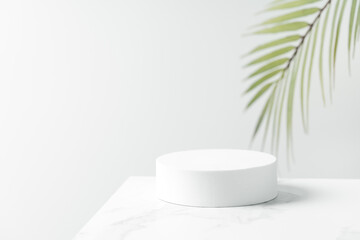 White circle pedestal for beauty cosmetic product presentation. Bathroom shelf mockup.