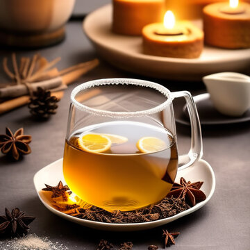 glass cup of tea in a winter cozy setting