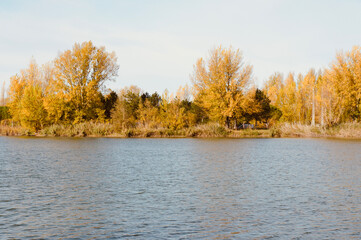 Lake of Buzerens, Bram, France. Landscape nature with space for text. Autumn trees in the background. Ecosystem of rivers and lakes. 