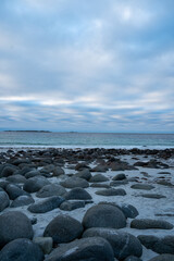 Fototapeta na wymiar The sea and the rock in Uttakleiv strand, beach in Lofoten, Norway