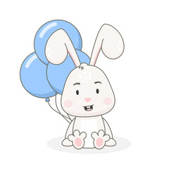 Cute rabbit character with blue balloons isolated on white background