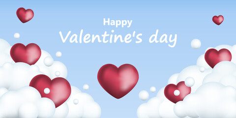 Valentine's day concept background. 3d hearts with white clouds. Vector illustration.
