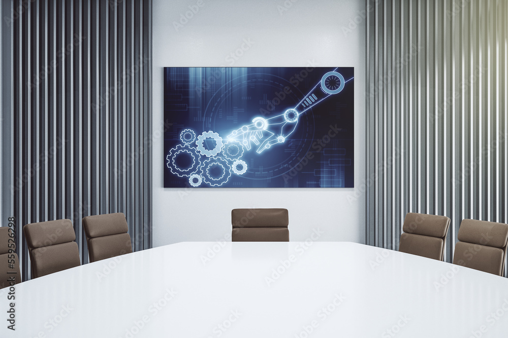 Poster creative concept of robotics technology on presentation screen in a modern conference room. robot de