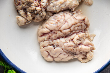 raw brain pork offal fresh meat meal food snack on the table copy space food background rustic top view