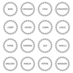 Black and white vector food labels or stickers. Can be used to label food jars, spice containers. Round botanical frame for each sticker