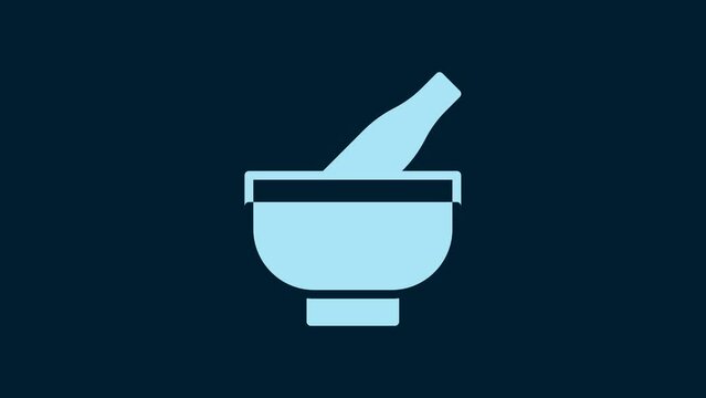 White Mortar and pestle icon isolated on blue background. 4K Video motion graphic animation