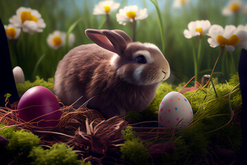 Happy Easter Greeting Background with Colorful Eggs and Bunny. Generative AI