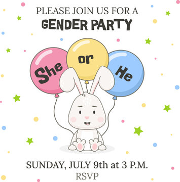 Gender party invitation template. Cute rabbit character with balloons isolated on white background. Bunny vector illustration.