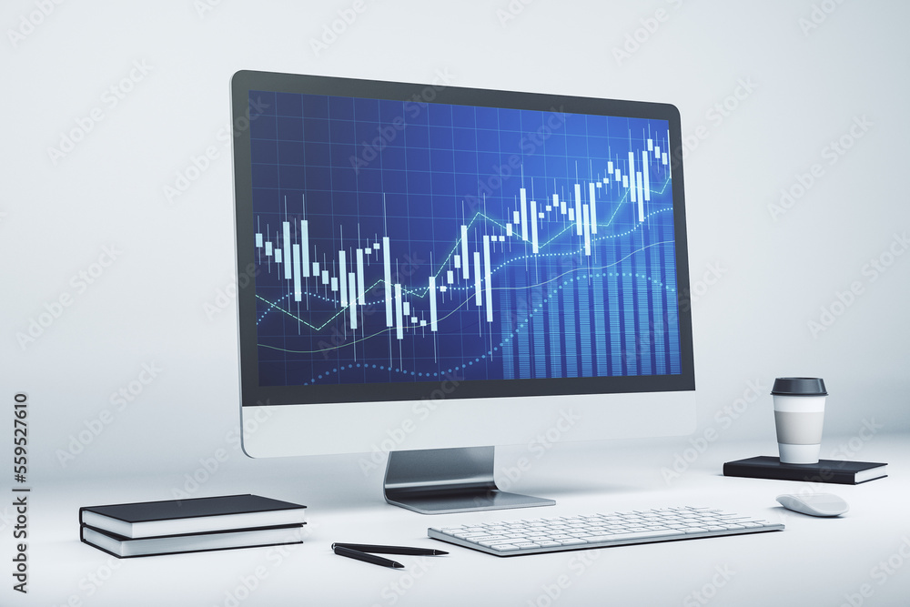 Poster modern computer screen with abstract financial diagram, banking and accounting concept. 3d rendering
