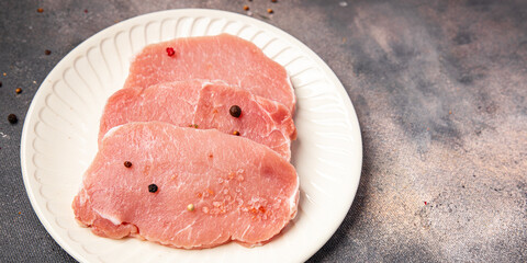 raw pork meat slice cut steak fresh meal food snack on the table copy space food background rustic top view