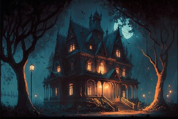 Naklejka premium manoir ou maison hantée une nuit de pleine lune, illustration numérique