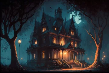 Foto op Plexiglas manoir ou maison hantée une nuit de pleine lune, illustration numérique © nyothep