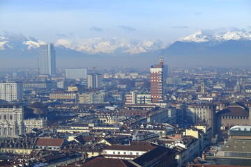 Turin, Italy - December 23rd 2022: An aerial view of the city of Turin from the tower  "Mole Antonelliana".