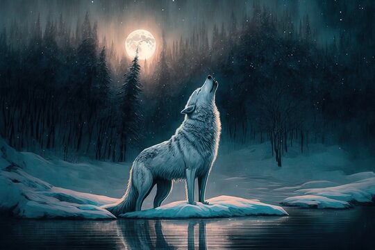 illustration de loup blanc qui hurle à la pleine lune dans une forêt enneigée