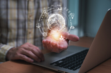 Business entrepreneur using search engine optimization SEO to create marketing campaign to increase...