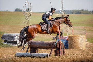 close portrait of attractive rider woman jumping over obstacle on bay mare horse during eventing...