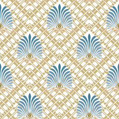 Greek floral seamless pattern. Ornamental tribal ethnic vector background. Geometric repeat backdrop. Greek key meanders, blue flowers. Trendy ornaments. Endless texture. For prints, textile, fabric