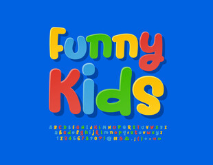 Vector colorful poster Funny Kids. Playful bright Font. Handwritten set of Alphabet Letters, Numbers and Symbols