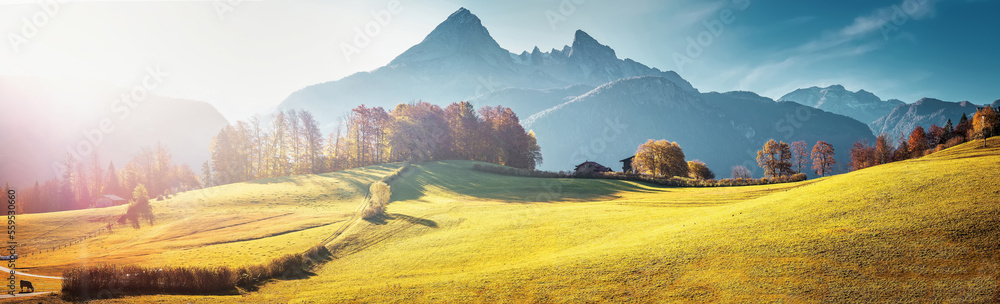 Poster scenic image of swiss alps. panoramic view of idyllic mountain scenery in the alps with fresh green 