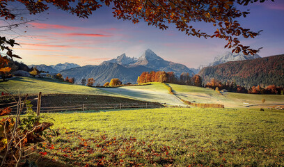 Panoramic view of Bavarian Alps. Stunning mountain landscape. Scenic autumn nature scenery. Watzmann massif in golden evening light at sunset, Nationalpark Berchtesgadener Land, Bavaria, Germany - 559530692