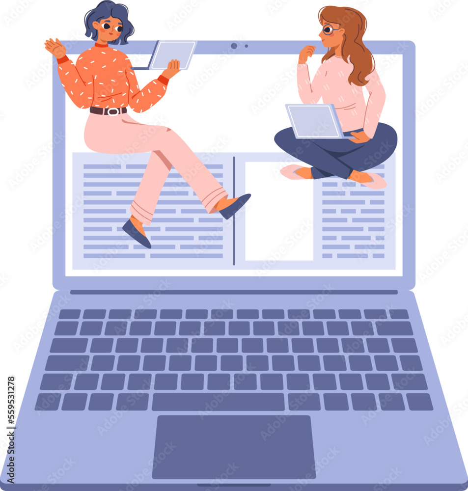 Poster students learning online with computer. cute cartoon teens reading in web library. video call conver
