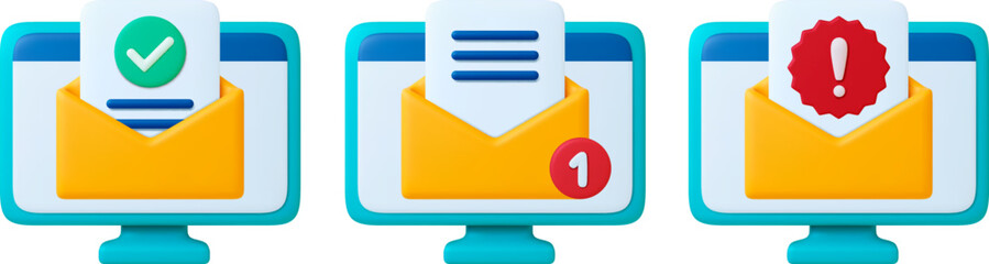 Mail client 3D icons. Email on computer screen, error message and new letter. Office app icon, business letters web service vector elements
