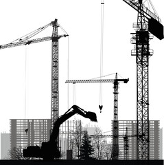 three black large cranes and digger build house on white