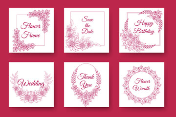 flowers and floral wreath wedding invitation frame design with elegant viva magenta backgrounds