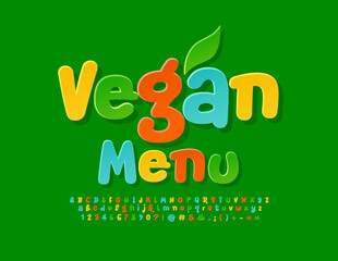 Vector marketing emblem Vegan Menu with decorative Leaf. Creative colorful Font. Handwritten set of Alphabet Letters, Numbers and Symbols