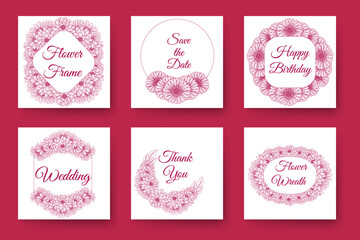 flowers and floral wreath wedding invitation frame design with elegant viva magenta backgrounds