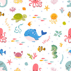 Sea life seamless pattern. Coloring cute underwater animals background. Cartoon baby whale, ocean fish and octopus in nowaday vector template
