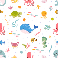 Fototapete Meeresleben Sea life seamless pattern. Coloring cute underwater animals background. Cartoon baby whale, ocean fish and octopus in nowaday vector template