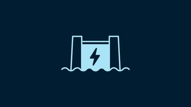 White Hydroelectric dam icon isolated on blue background. Water energy plant. Hydropower. Hydroelectricity. 4K Video motion graphic animation