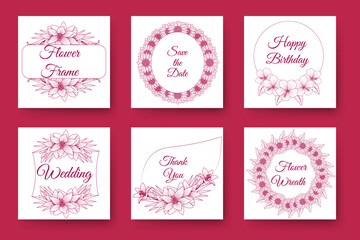 flowers and floral wreath wedding invitation frame design with elegant viva magenta backgrounds