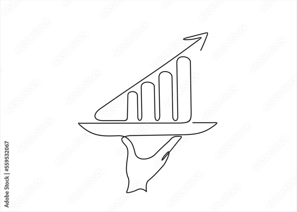 Poster continuous line vector illustration of hand holding dish with graph going up with an arrow on white 